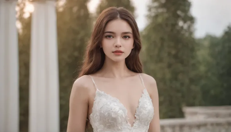 Highest quality,long hair girl, 18 years old, slim,White skin,pretty face,goddess,Wearing a white low-cut evening gown ,D cup,long legged beauty,reality,A coquettish expression,full-body shot