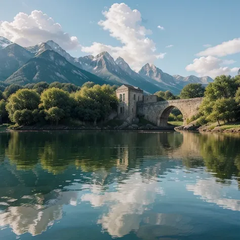 This image offers a serene view of a historic structure mirrored in a body of water, creating an upside-down effect in the reflection. The tranquil water captures the building’s image, enhancing the timeless architecture with three arches on each side. The...