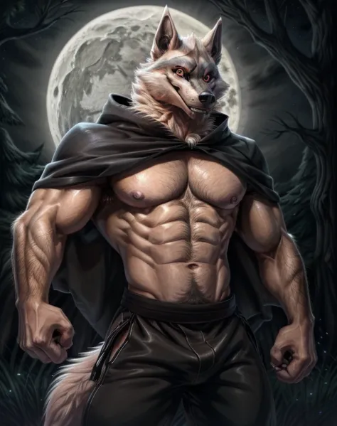 deathwolf,werewolf,male,aldult,alone,4K,best quality,looking at the audience,slim body,hairy body,Upper body exposed,bared  chest,Hairy breasts and firm figure,chest muscles,Pink nipples, Six-pack abs, biceps, anatomically correct,Delicate fur,pride,soft s...