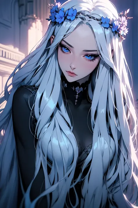 hyper-realistic  of a mysterious woman with flowing silver hair, piercing blue eyes, and a delicate floral crown, upper body