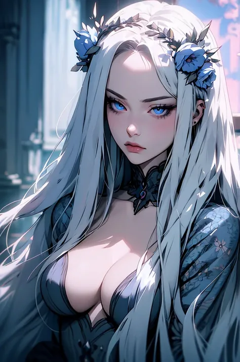 hyper-realistic  of a mysterious woman with flowing silver hair, piercing blue eyes, and a delicate floral crown, upper body