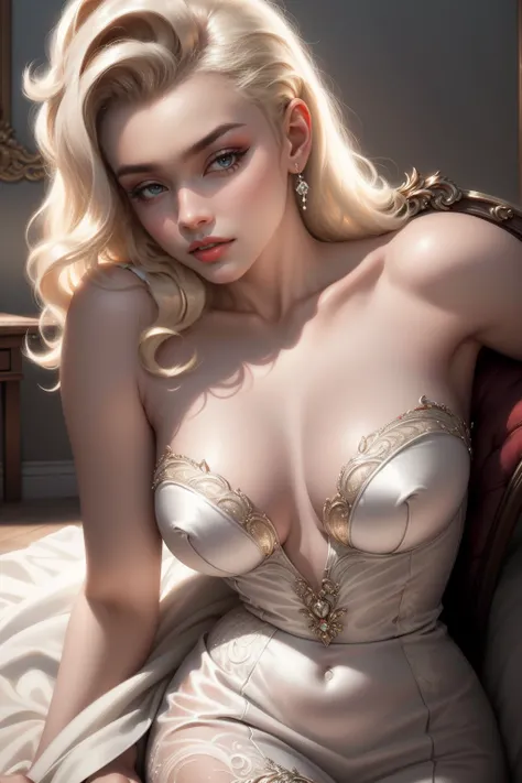 (Masterpiece - Ultra-Detailed, High Resolution) Prepare to be enchanted by a true masterpiece that combines ultra-detailed art with high-resolution rendering. This work shows a mesmerizing woman, with short, light blonde hair, 1950s style, Marilyn Monroe (...