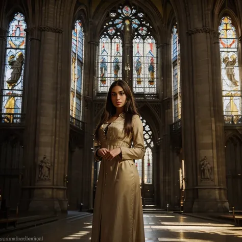 A girl standing near Notre Dame cathedral,beautiful detailed eyes,beautiful detailed lips,extremely detailed eyes and face,longeyelashes,church,gothic architecture,pigeons flying around,grand facade,impressive flying buttresses,statues and gargoyles,roofto...