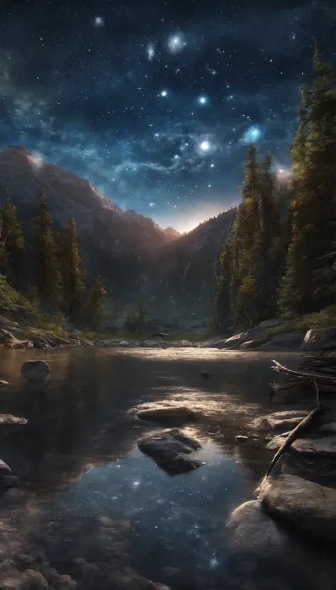 Starry Sky4k Planets in the Sky, montanhas e lago realista