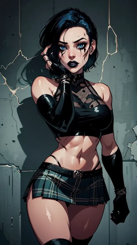 a woman with short black hair, hair on shoulders,  wearing a black cropped  and plaid skirt, blue eyes, zombie art, gothic art, cute aesthetic with vibe, toon aesthetic, wearing red costume, wearing gothic accessories, look like Cassie Hack, whole body, ho...