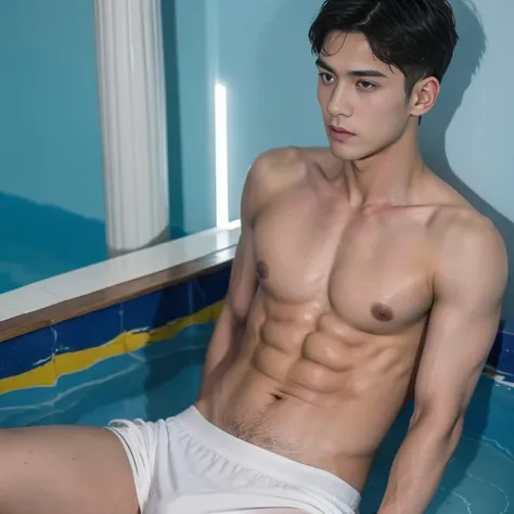 Boy Arafade in hip white boxer shorts, full-body-shot, Quiv haircut, look at camera, face detail, manly, charming, masculine, , Pool Background, sexy pose, Manaiz , perfect anatomy, Symmetrical body, Asian Boy Age 19 years, Shirtless :: high-detail, asian,...