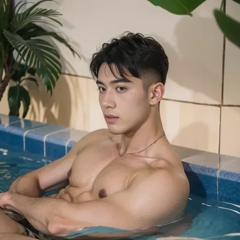 3 Boy Arafade in hip string thong, full-body-shot, Quiv haircut, look at camera, face detail, manly, charming, masculine, , Pool Background, sexy pose, Manaiz , perfect anatomy, Symmetrical body, Asian Boy Age 19 years, Shirtless :: high-detail, asian, sex...