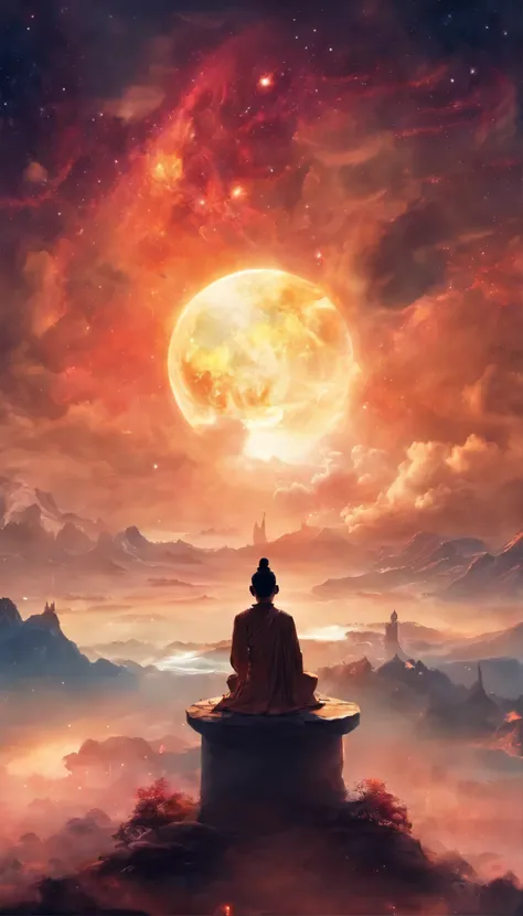 China-style，In the distance, A huge tall Buddha statue stands in the vast starry sky of the universe，Gaze at the earth，Standing Buddha statue，with light glowing，Glow effects，Little humans on Earth look up at the Buddha statue in the starry sky，Magnificent ...