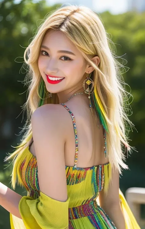 extra detailed body,extra detailed face,best qualtiy:1.2, realistic, pale skin, korean female, looking at the viewers, long hair on one side, swept bangs,soft french-braided hair, Yellow and yellow-green gradient hair color, 22years, red lipstick, big happ...