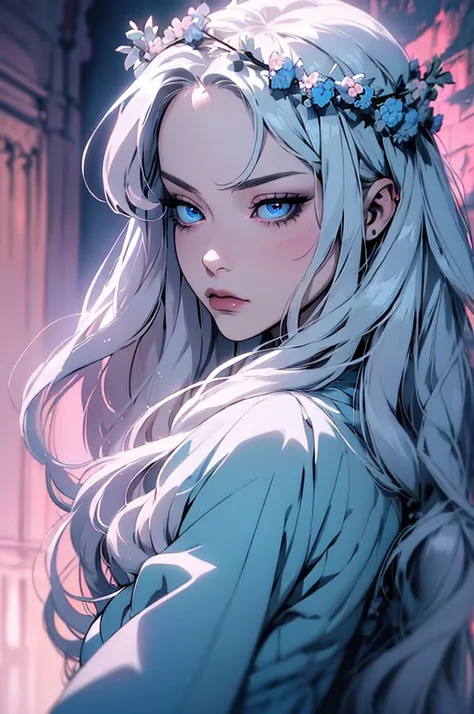 hyper-realistic  of a mysterious woman with flowing silver hair, piercing blue eyes, and a delicate floral crown, backwards, loo...