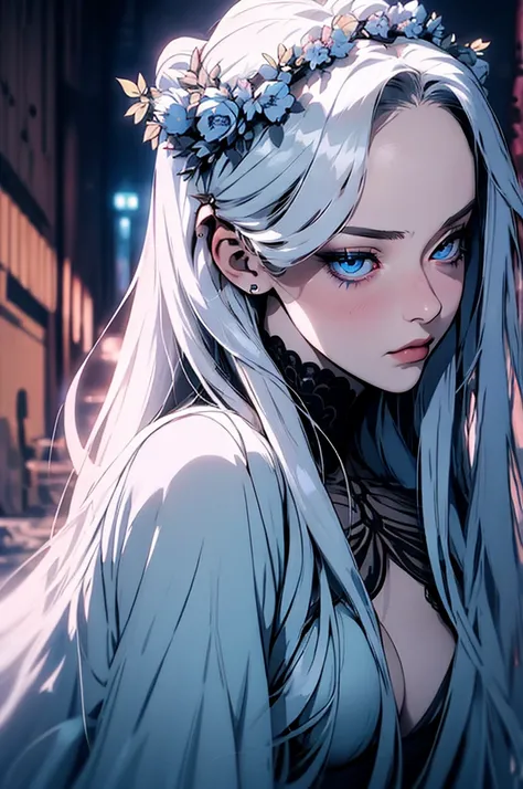 hyper-realistic  of a mysterious woman with flowing silver hair, piercing blue eyes, and a delicate floral crown, backwards, looking back, upper body