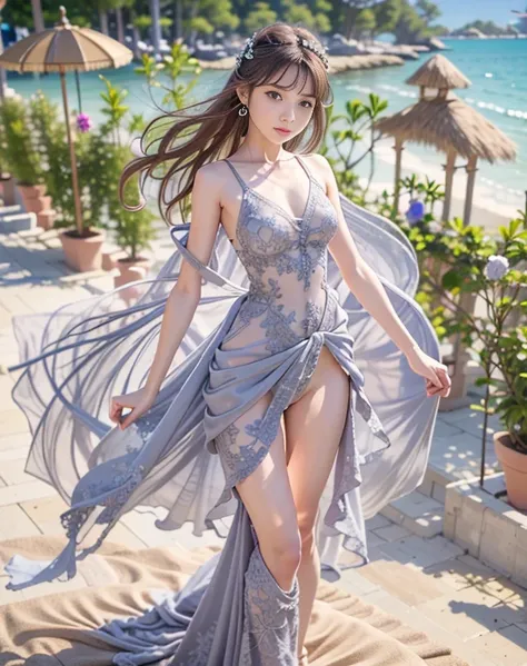 master piece , best quality , detailed , dresses , standing , armpit , from front , beach