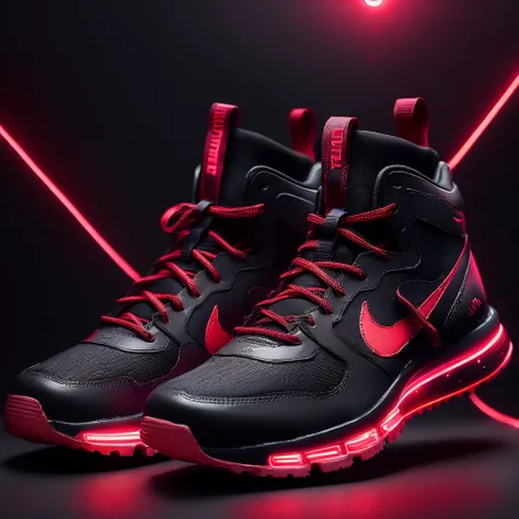 (product photography of sneakers with unique creative design in cyberpunk style: red neon color patterns, black main color, auto lacing, sole with instep supports, polymer material, Nike style), Epic render, octane number, atmosphere, particles, soft volum...