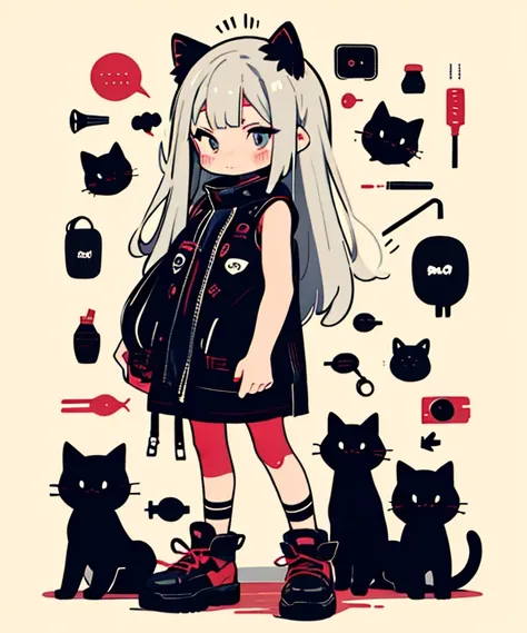 a girl, silver hair, cat ears,(fangs:1.2), black eyes, red smokey makeup,cheeky,minimal,holding a cat, denim, shoes,mini dress,redo back ground,