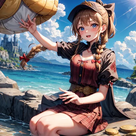 reddish-brown blonde、blue eyes、Braid、ponytail、one good looking girl、solo、anime、Plaid miniskirt、the skirt has buttons、camisole、black t-shirt、dress、Doing the ribbon、Ribbon at waist、cloak、Crystal Grotto、hood、desert、clouds are swirling、stone slabs are piled up...