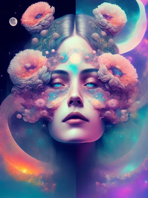 Double exposure: A woman with the moon and flowers in her hair, a face that merges into the universe, psychedelic surreal art, Portrait of a cosmic goddess, Psychedelic Goddess, Great digital art with details, surreal, cosmic and colorful aesthetics 