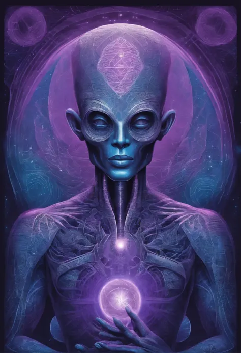 "Por favor, Create an image of an alien scientist in violet but gray format in cartoon style wearing futuristic clothes in front of a blue background. A imagem deve ser uma arte digital inspirada em Andrei Kolkoutine, Tumblr, psychedelic art and sacred geo...