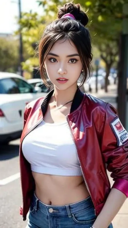 Best Quality, Ultra High Resolution, (Realism: 1.4), Depth of Field, Beautiful Face, (PureErosFace_V1: 0.8), 1girl, ((crop top)), ((hair tied)) ((jacket))