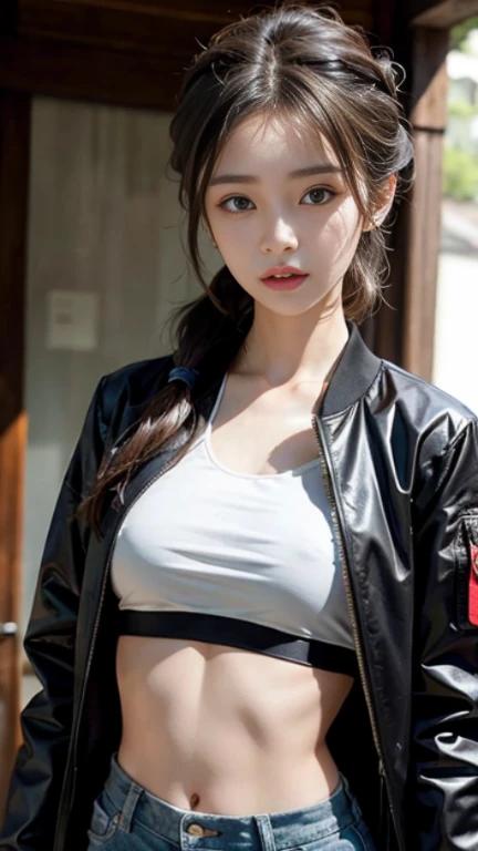 Best Quality, Ultra High Resolution, (Realism: 1.4), Depth of Field, Beautiful Face, (PureErosFace_V1: 0.8), 1girl, ((crop top)), ((hair tied)) ((jacket))