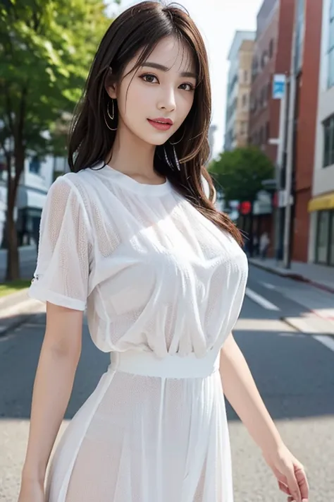 ((top-quality、​masterpiece、photographrealistic:1.4、in 8K))、beautiful japanese female１a person、28 instars、delicate and beautiful face、Eyes and faces with detailed、(very very gigantic :1.2)、（Wear a blouse:1.3）、（Walking in the downtown area）、(Full body:1.2)、A...