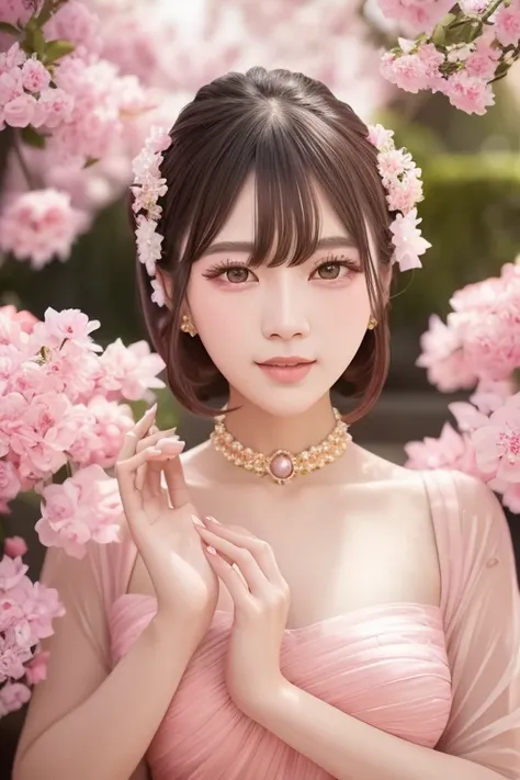 a close up of a woman in a pink dress posing for a picture, yanjun chengt, ruan jia beautiful!, dilraba dilmurat, nivanh chanthara, ethereal beauty, mai anh tran, xintong chen, sha xi, light makeup, inspired by Yanjun Cheng, loong, beauty woman, sakimi cha...