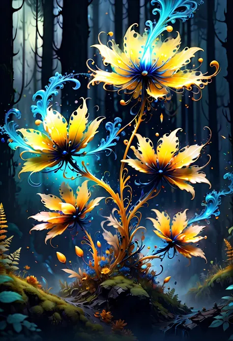 Ink illustration, bioluminescent flower, fabulous night forest, magical radiance, Concept art, depth of field, realistic, cinematic lighting, soft shadows, asymmetrical fractal, colorful, vivid yellow and navy colors, volumetric lighting, wind, particles f...