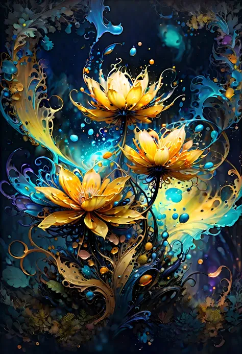 Ink illustration, bioluminescent flower, fabulous night forest, magical radiance, Concept art, depth of field, realistic, cinematic lighting, soft shadows, asymmetrical fractal, colorful, vivid yellow and navy colors, volumetric lighting, wind, particles f...