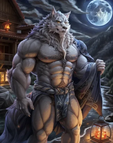 Sdorica,Lwa,Vientiane Story,Lowe,,werewolf,male,adult,alone,4K,best quality,best quality,looking at the audience,Show muscles,white fur,hairy body,Topless,not wearing clothes,bared  chest,Hairy chest,furry tail,Pink nipples, chest muscles,Six-pack abs, bic...