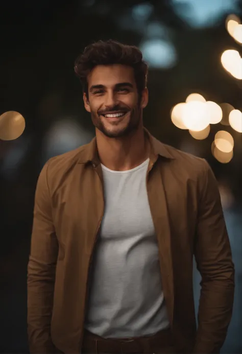 Soft, cinematic lighting illuminates a stunning Brazilian male model with stunning, Ultra realistic details，smiling towards the camera Full body photo from the front，Belle apparence，Messy short brown hair，yeux clairs de miel，Sourire charmant et parfait，Cre...