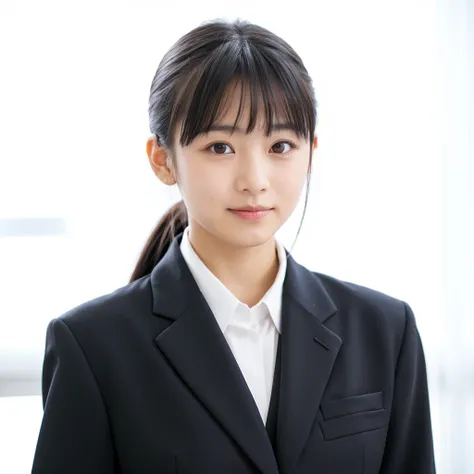 Cute Japanese girl, about 15 years old, dark hair, ponytail, recruiting suit,