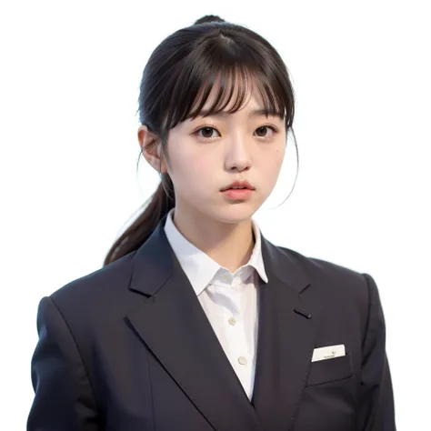 Cute Japanese girl, about 15 years old, dark hair, ponytail, recruiting suit,