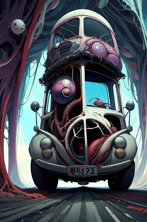 volkswagen fusca futurista preto em uma rodovia interdimensional. cosmic horror setting with lovecraftian monsters nearby, arte ...