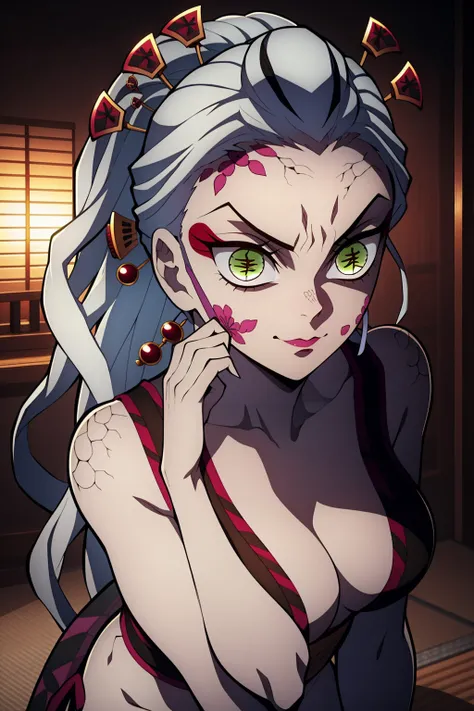 1girl, Daki/Kimetsu no Yaba,  full body (full body 1.1.), a demonic girl, is looking at the camera, looking ahead, beautiful waist, white hair, sexy pose, beautiful body (correct anatomy), sexy Japanese clothes, Japanese clothes style, demon geisha, very b...