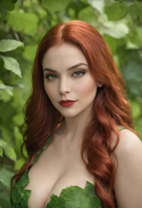 (best quality,4k,highres,masterpiece:1.2),sexy,poison ivy costume, tight fitting,ultra detailed,large breasts,vivid colors,realistic, seductive gaze