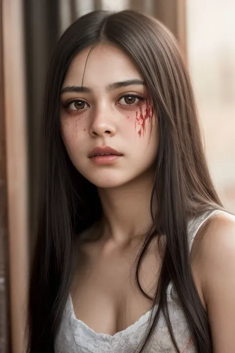 A hyper-realistic portrait of a young black-haired girl with a saddened but vengeful look in her eyes, capturing the intensity of her emotions. Blood stains on her face add a cinematic touch, enhancing the realistic portrayal. The level of detail in this u...