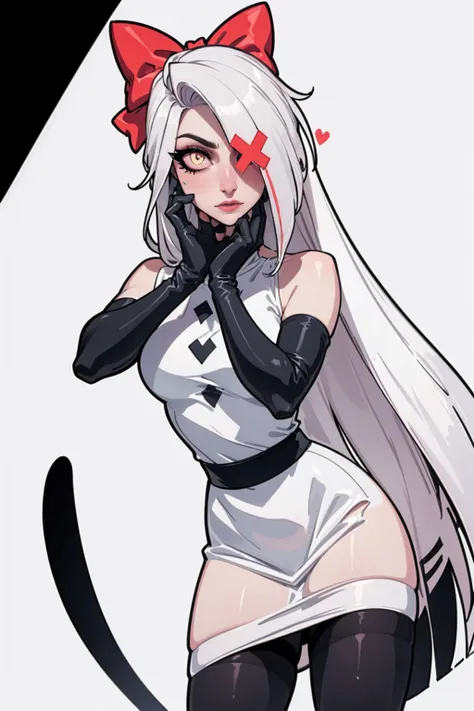 (vaggie:1.0), (casual outfit, white dress, stockings, gloves:1.5), (pastel-pink sclera, black pupil, grey skin, white hair, long...