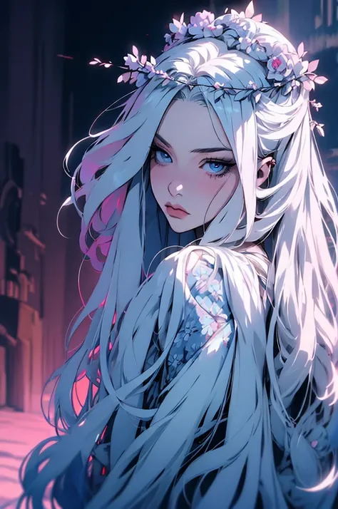 hyper-realistic  of a mysterious woman with flowing silver hair, piercing blue eyes, and a delicate floral crown, backwards, loo...