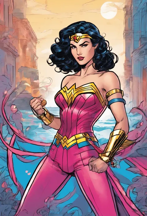 Wonder Woman (Latin version) (black hair up to her shoulders) with her colorful suit (fuchsia, light blue, pink and dark blue) full body and companion a cat with a beige coat and brown and gray High definition and marked details