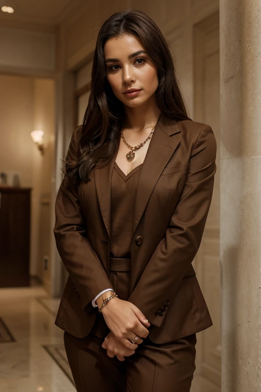 women in brown suit with suitable jewellary 