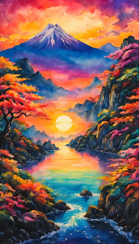 空に広がるsunset,landscape,watercolor painting,lightのカーテン,colorful,rich colors,dream-like,wonderful,bless,lightの粒,masterpiece,become familiar with,magic effect,light, breathtaking renderings, In a glorious connection, Inspired by Kinuko Y. , magic elements, , I...