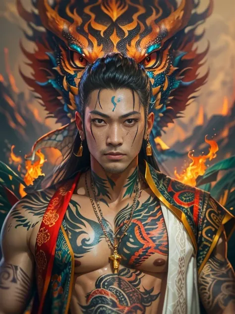 handsome 30 year old taiwanese man, king fu pose, intense eyes, looking directly at camera, ((magical glowing tattoos)), ferocious dragon, sexy oriental costume, fire, magnificent, vibrant colors, full body, long shot