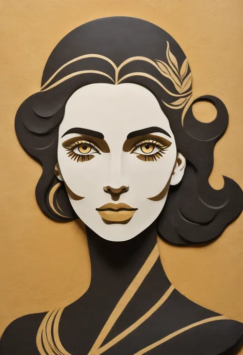 A painting depicting a stylized portrait of a woman is painted on dark marble with sand, sand painting, sand art, dark marble and yellow sand