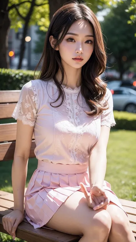 ((upper body)), Shot from a random perspective, 20-year-old Asian model, slim, Slimming the waist, Heavy makeup, Gorgeous makeup, delicated face, cabellos largos dorados, curlies, Pink lace shirt, White pleated skirt, slender leg, Cross ed leg, In the park...