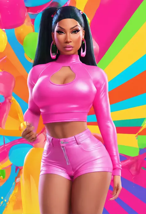 Generater a 3d hyper realistic image of Nicki Minaj wearing tight booty shorts and see thru pink tink top