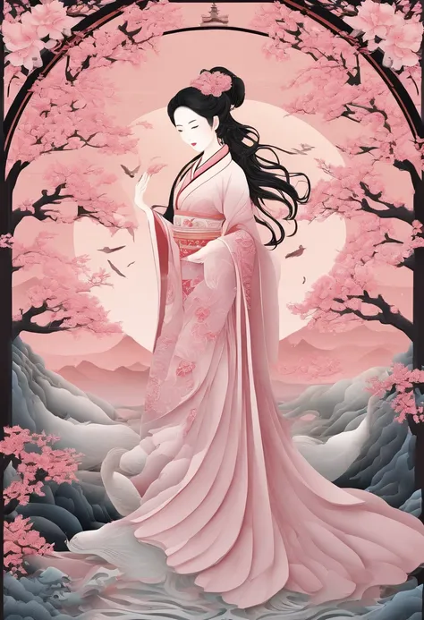 masterpiece, A Chiense woman in a hanfu, beautiful render of a fairytale, in the style of paper art, painting of beautiful, beautiful as the moon, very intricate masterpiece, painted metal, beautiful intricate masterpiece, multiple layers, Mysterious, Anci...