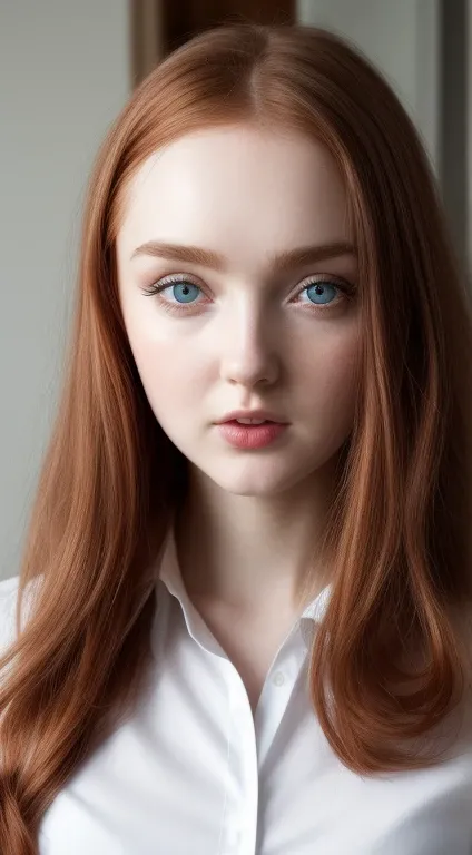 Young Lily Cole, tick tock model, detailed eyes, detailed facial features, white shirt, unbuttoned buttons, looks at the viewer, pale skin, detailed skin, slender body, extreme detailed, bedroom, red hair, super long hair, very large eyes, mouth opening, t...