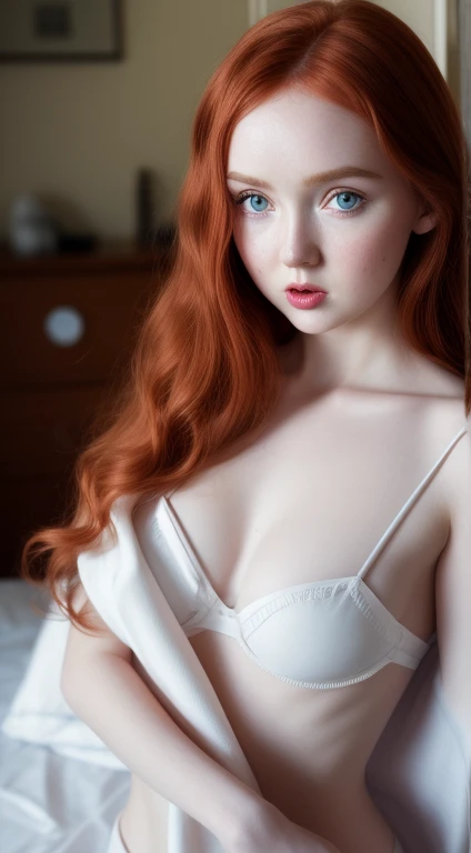 Young Lily Cole, tick tock model, detailed eyes, detailed facial features, white shirt, unbuttoned buttons, looks at the viewer, pale skin, detailed skin, slender body, extreme detailed, bedroom, red hair, super long hair, very large eyes, mouth opening, t...