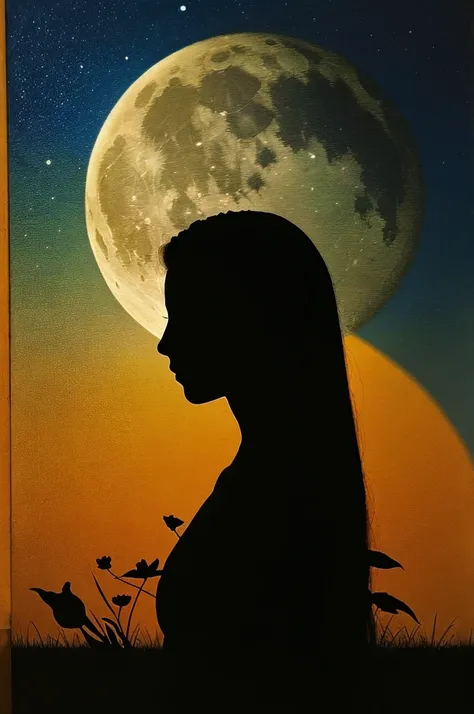 highest quality,big moon and shadow,A silhouette of a person can be seen against the background of the big moon.,There is a mood,beautiful scenery,like a painting