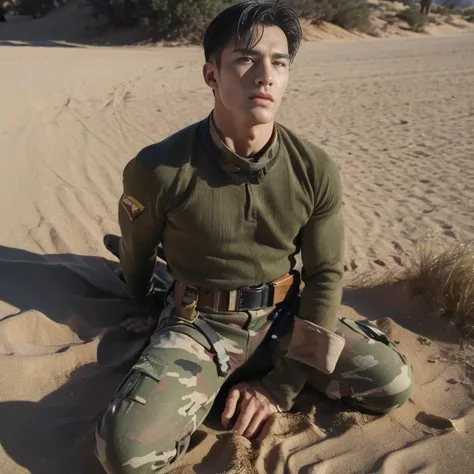 ((masterpiece)), ((best quality:1.2)), High Resolution, 8k, (ultra_realistic:1.3), (photorealistic:1.4),  (perfect face),  , handsome sexy soldier, camouflage pants,  bondage collar, boots, ammunition belt, desert environment , defeat , sex slave ,   nsfw ...