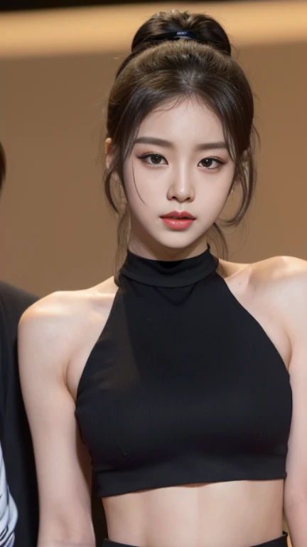 (Best Quality, 8K, 32K, Masterpiece, Ultra HD: 1.2), (K-Pop Idol: 1.3), 1 Girl, (Large: 1.2), (Longhair), Abs, Perfect Figure, Ultra Slender Face, Delicate Lips, Beautiful Eyes Double eyelids ((black crop top)) (pony) 